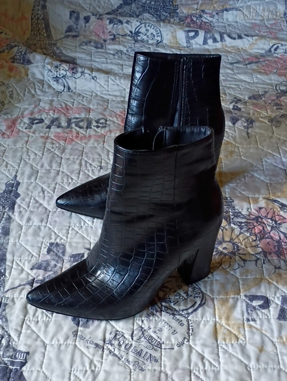 Black Croc-Embossed Pointed Toe Ankle Boots - Womens Size 38